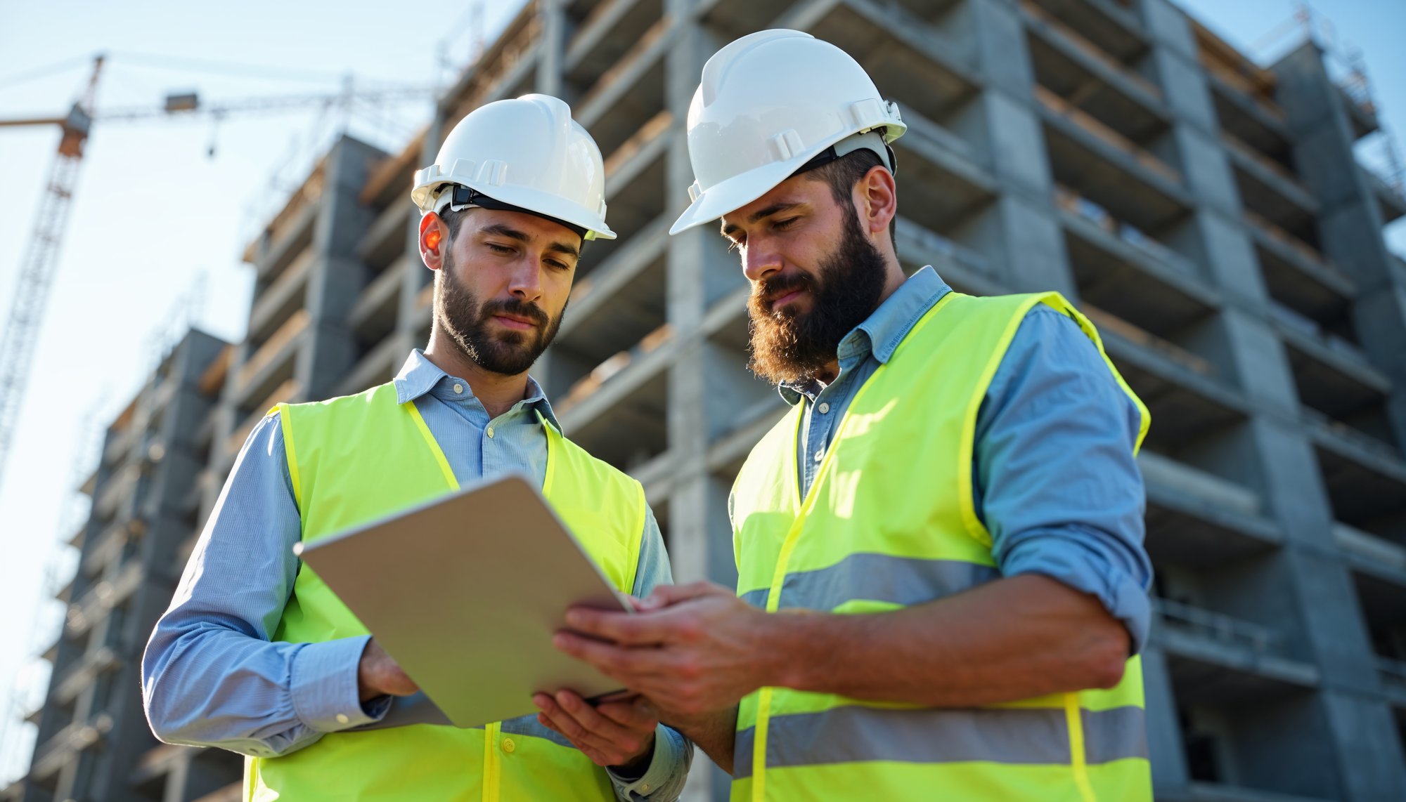 two-construction-workers-review-plans-tablet-modern-building-site-day two-construction-workers-review-plans-tablet-modern-building-site-day